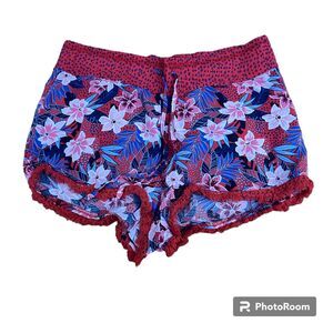 NO BOUNDARIES Floral Polka Dot Fringe Shorts Red and Blue Hawaiian Print